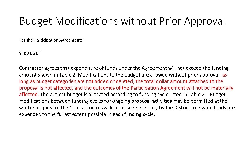 Budget Modifications without Prior Approval Per the Participation Agreement: 5. BUDGET Contractor agrees that