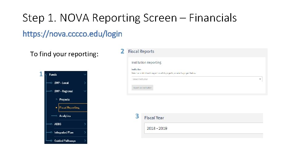 Step 1. NOVA Reporting Screen – Financials https: //nova. cccco. edu/login To find your