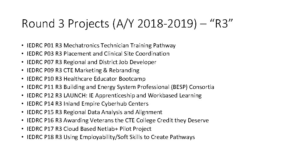 Round 3 Projects (A/Y 2018 -2019) – “R 3” • • • IEDRC P