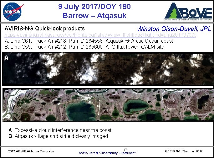 9 July 2017/DOY 190 Barrow – Atqasuk AVIRIS-NG Quick-look products CARVE Winston Olson-Duvall, JPL