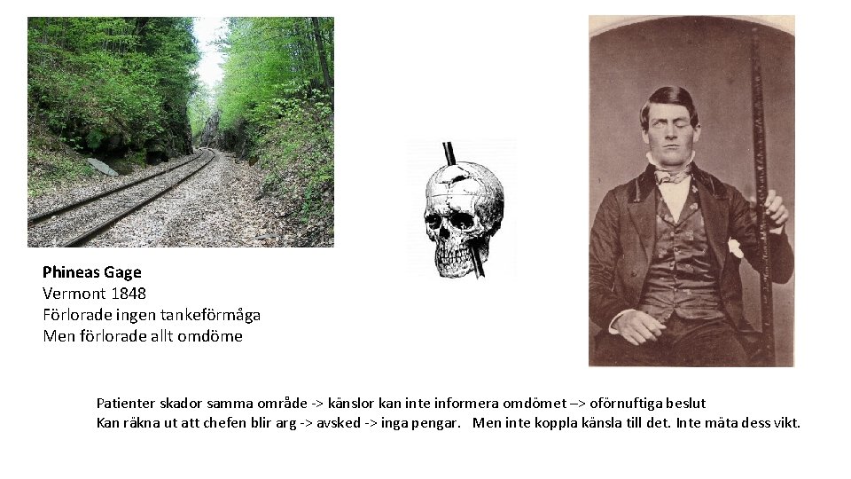 Phineas Gage Vermont 1848 Förlorade ingen tankeförmåga Men förlorade allt omdöme Patienter skador samma