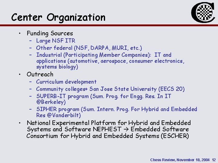 Center Organization • Funding Sources – Large NSF ITR – Other federal (NSF, DARPA,