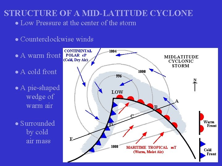 STRUCTURE OF A MID-LATITUDE CYCLONE Low Pressure at the center of the storm Counterclockwise