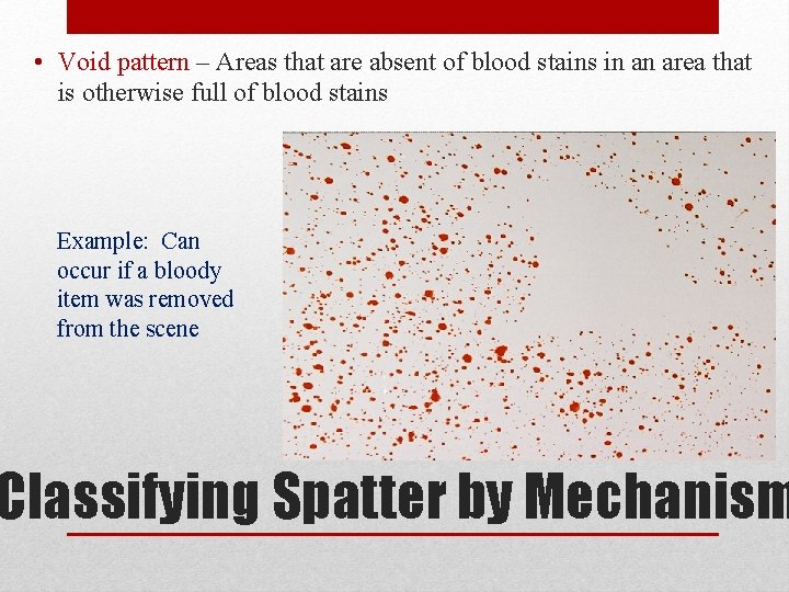  • Void pattern – Areas that are absent of blood stains in an