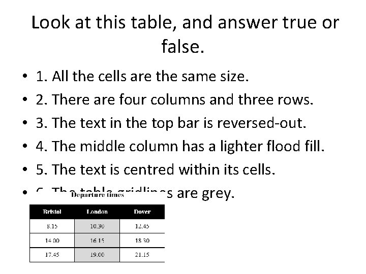 Look at this table, and answer true or false. • • • 1. All