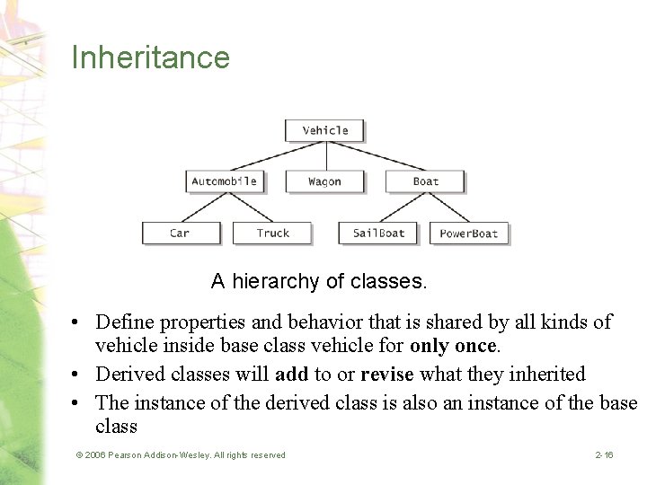 Inheritance A hierarchy of classes. • Define properties and behavior that is shared by