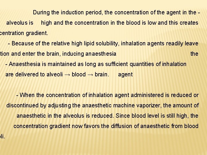 During the induction period, the concentration of the agent in the alveolus is high