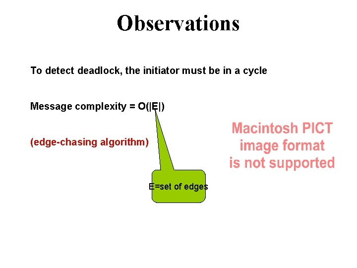Observations To detect deadlock, the initiator must be in a cycle Message complexity =
