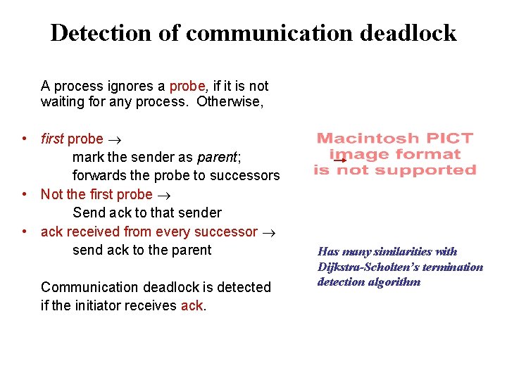 Detection of communication deadlock A process ignores a probe, if it is not waiting