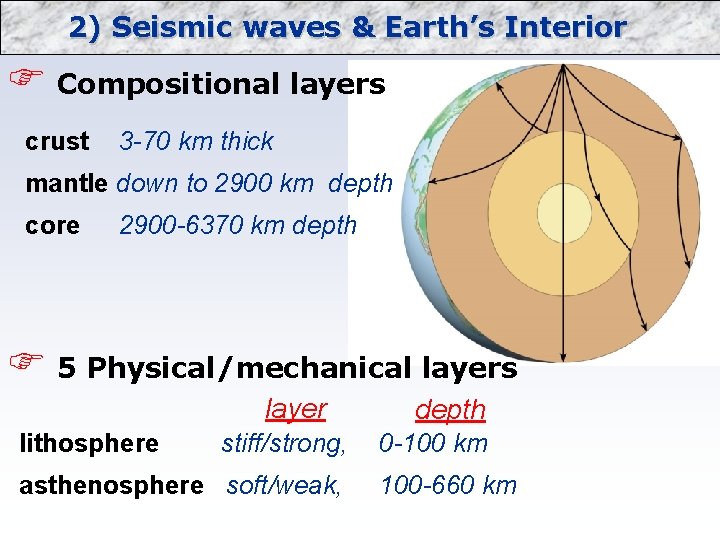 2) Seismic waves & Earth’s Interior F Compositional layers crust 3 -70 km thick