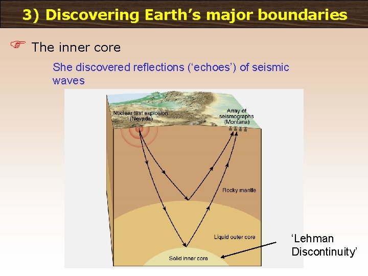 3) Discovering Earth’s major boundaries F The inner core She discovered reflections (‘echoes’) of