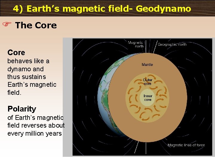 4) Earth’s magnetic field- Geodynamo F The Core behaves like a dynamo and thus