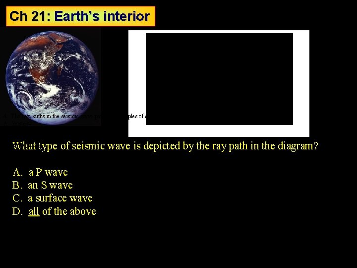 Ch 21: Earth’s interior 4. The two kinks in the seismic wave path are