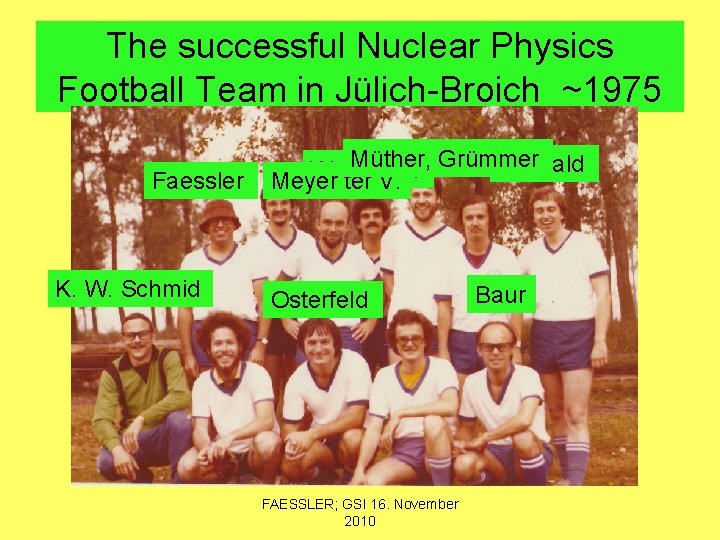The successful Nuclear Physics Football Team in Jülich-Broich ~1975 Faessler K. W. Schmid Müther,