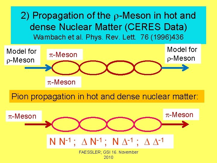 2) Propagation of the r-Meson in hot and dense Nuclear Matter (CERES Data) Wambach