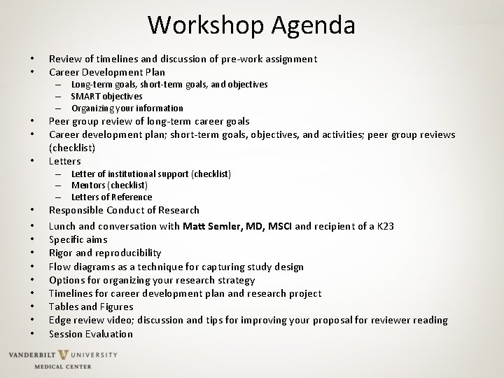 Workshop Agenda • • • • Review of timelines and discussion of pre-work assignment
