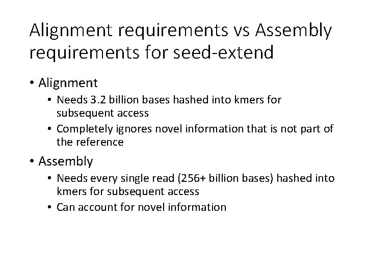 Alignment requirements vs Assembly requirements for seed-extend • Alignment • Needs 3. 2 billion