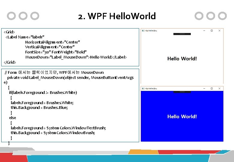 2. WPF Hello. World <Grid> <Label Name="label 1" Horizontal. Alignment="Center" Vertical. Alignment="Center" Font. Size="30"