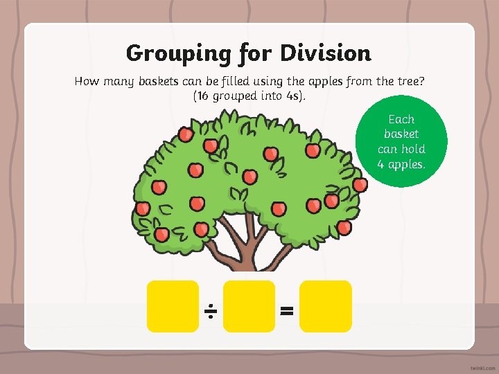 Grouping for Division How many baskets can be filled using the apples from the