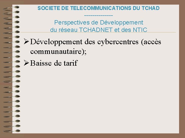 SOCIETE DE TELECOMMUNICATIONS DU TCHAD -------Perspectives de Développement du réseau TCHADNET et des NTIC