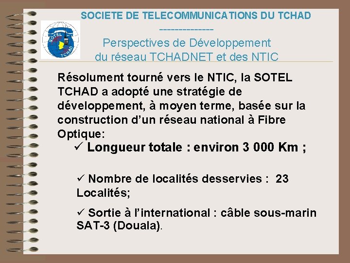 SOCIETE DE TELECOMMUNICATIONS DU TCHAD -------Perspectives de Développement du réseau TCHADNET et des NTIC