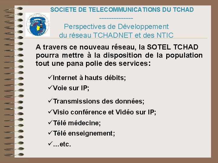 SOCIETE DE TELECOMMUNICATIONS DU TCHAD -------Perspectives de Développement du réseau TCHADNET et des NTIC