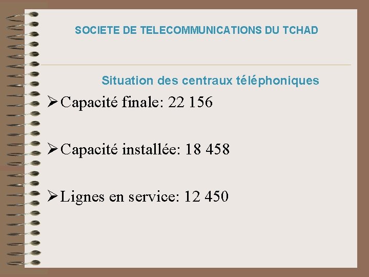 SOCIETE DE TELECOMMUNICATIONS DU TCHAD Situation des centraux téléphoniques Ø Capacité finale: 22 156