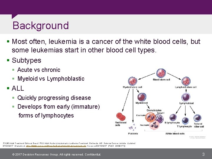 Background § Most often, leukemia is a cancer of the white blood cells, but