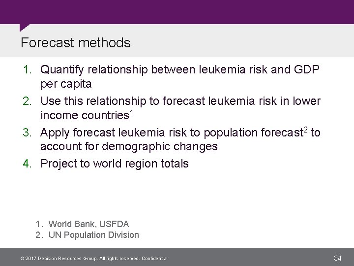 Forecast methods 1. Quantify relationship between leukemia risk and GDP per capita 2. Use