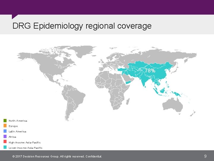 DRG Epidemiology regional coverage 82% 100% 78% 27% 75% 89% North America Europe Latin