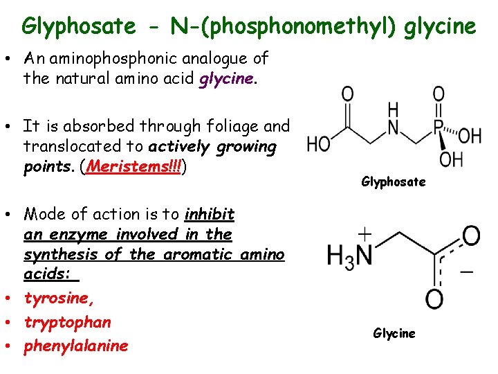 Glyphosate - N-(phosphonomethyl) glycine • An aminophosphonic analogue of the natural amino acid glycine.