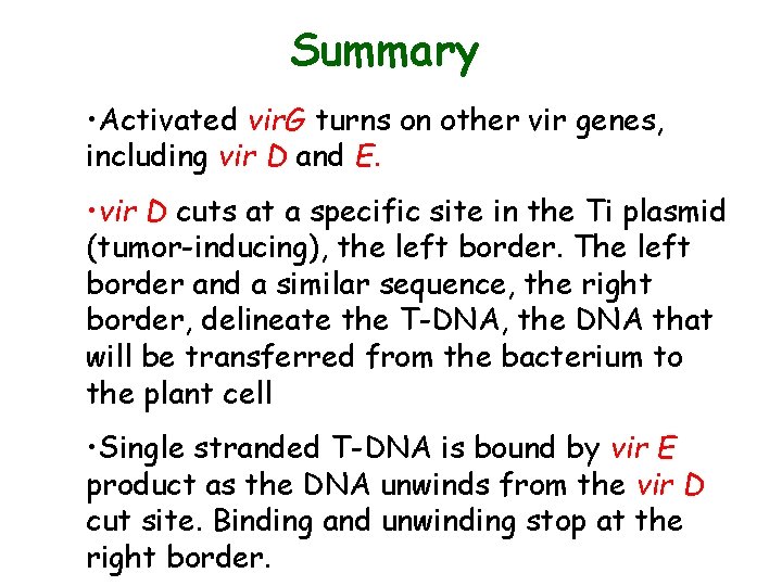 Summary • Activated vir. G turns on other vir genes, including vir D and