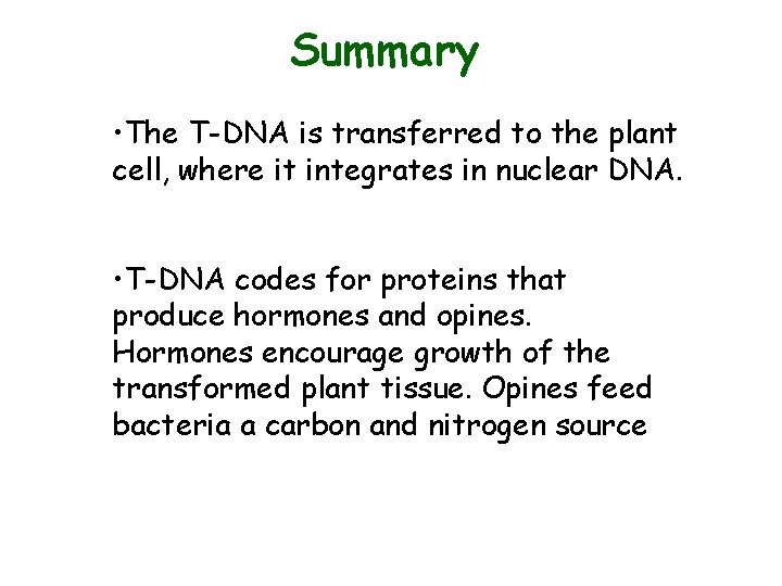 Summary • The T-DNA is transferred to the plant cell, where it integrates in