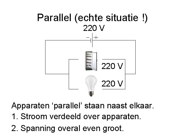 Parallel (echte situatie !) 220 V Apparaten ‘parallel’ staan naast elkaar. 1. Stroom verdeeld