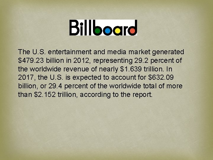The U. S. entertainment and media market generated $479. 23 billion in 2012, representing