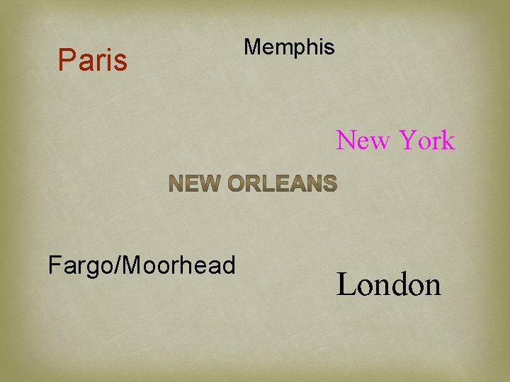 Paris Memphis New York Fargo/Moorhead London 
