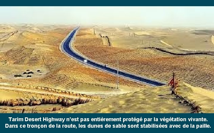 Tarim Desert Highway n’est pas entièrement protégé par la végétation vivante. Dans ce tronçon