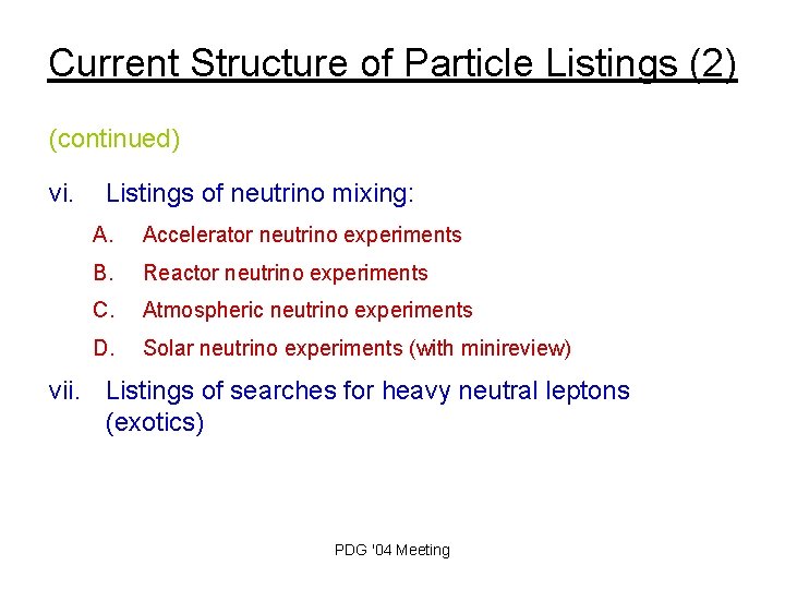 Current Structure of Particle Listings (2) (continued) vi. Listings of neutrino mixing: A. Accelerator