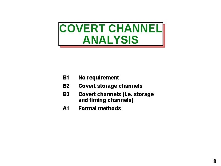 COVERT CHANNEL ANALYSIS B 1 No requirement B 2 Covert storage channels B 3