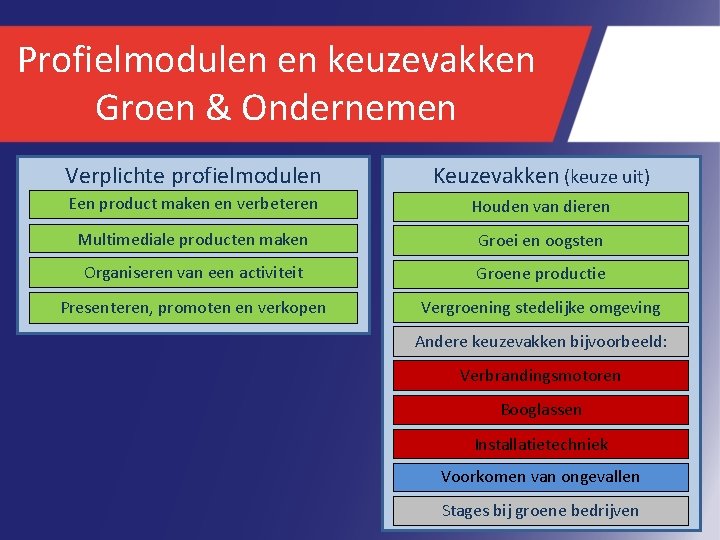 Profielmodulen en keuzevakken Groen & Ondernemen Verplichte profielmodulen Keuzevakken (keuze uit) Een product maken