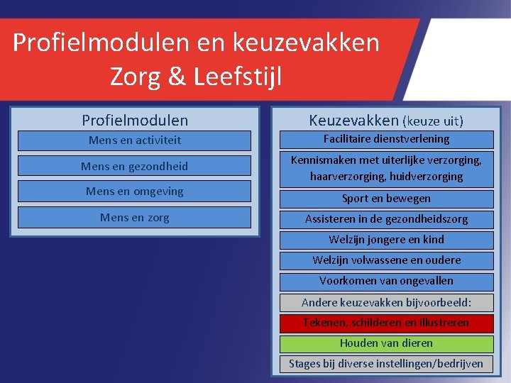 Profielmodulen en keuzevakken Zorg & Leefstijl Profielmodulen Keuzevakken (keuze uit) Mens en activiteit Facilitaire