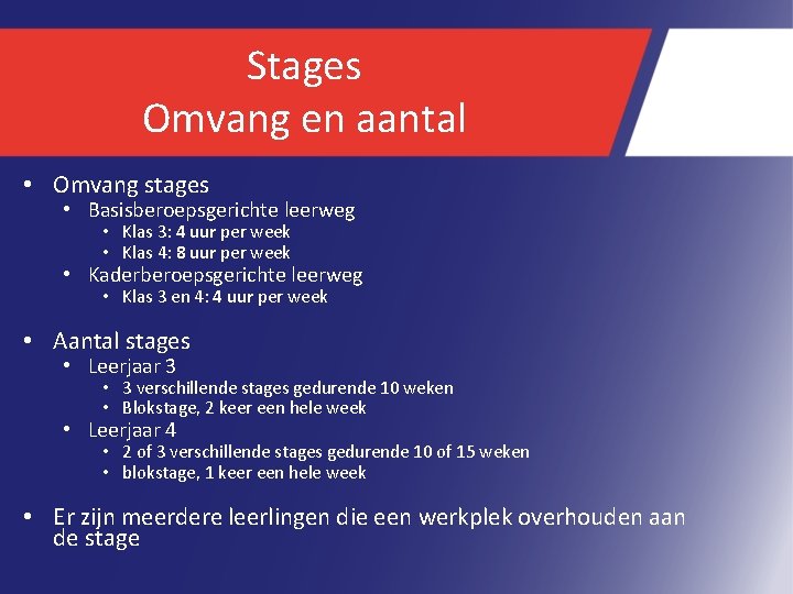 Stages Omvang en aantal • Omvang stages • Basisberoepsgerichte leerweg • Klas 3: 4