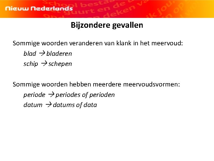 Bijzondere gevallen Sommige woorden veranderen van klank in het meervoud: bladeren schip schepen Sommige