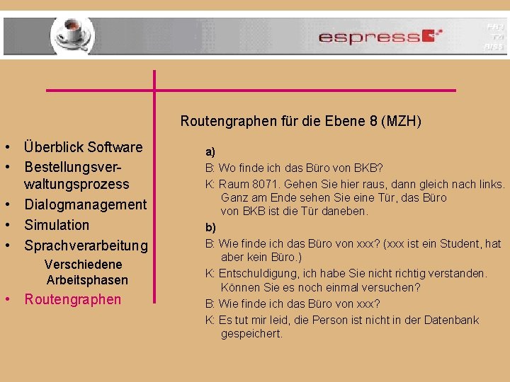 Routengraphen für die Ebene 8 (MZH) • Überblick Software • Bestellungsverwaltungsprozess • Dialogmanagement •