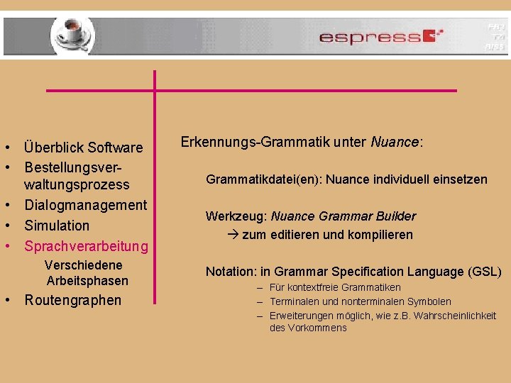  • Überblick Software • Bestellungsverwaltungsprozess • Dialogmanagement • Simulation • Sprachverarbeitung Verschiedene Arbeitsphasen