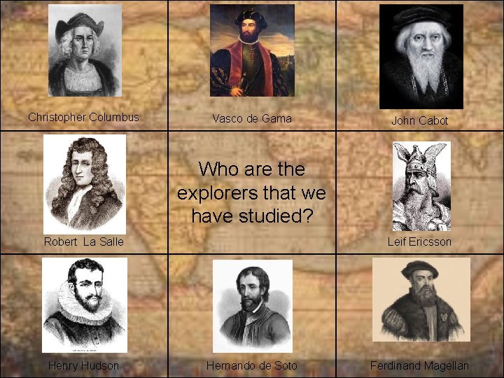 Christopher Columbus Vasco de Gama John Cabot Who are the explorers that we have