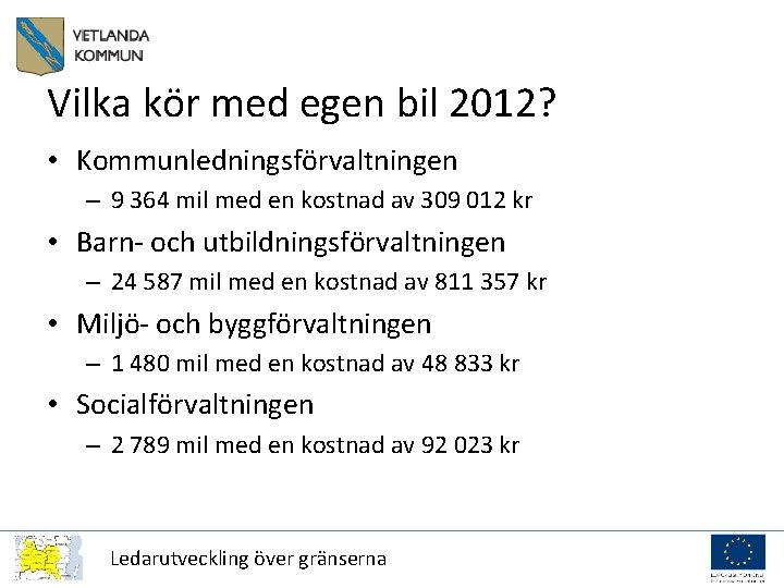 Vilka kör med egen bil 2012? • Kommunledningsförvaltningen – 9 364 mil med en