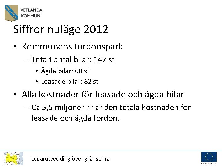 Siffror nuläge 2012 • Kommunens fordonspark – Totalt antal bilar: 142 st • Ägda