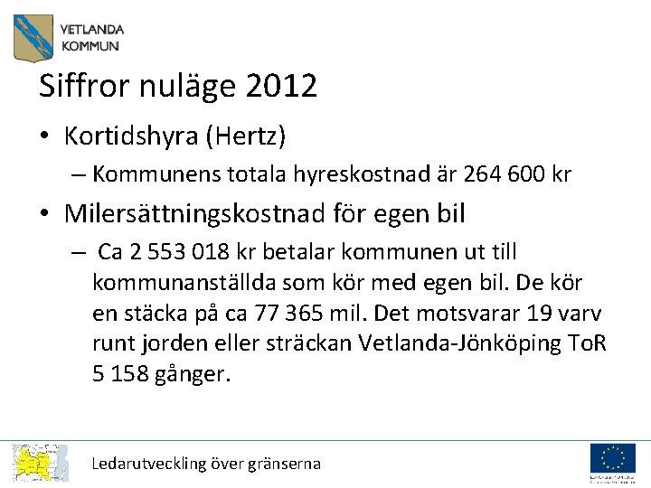 Siffror nuläge 2012 • Kortidshyra (Hertz) – Kommunens totala hyreskostnad är 264 600 kr