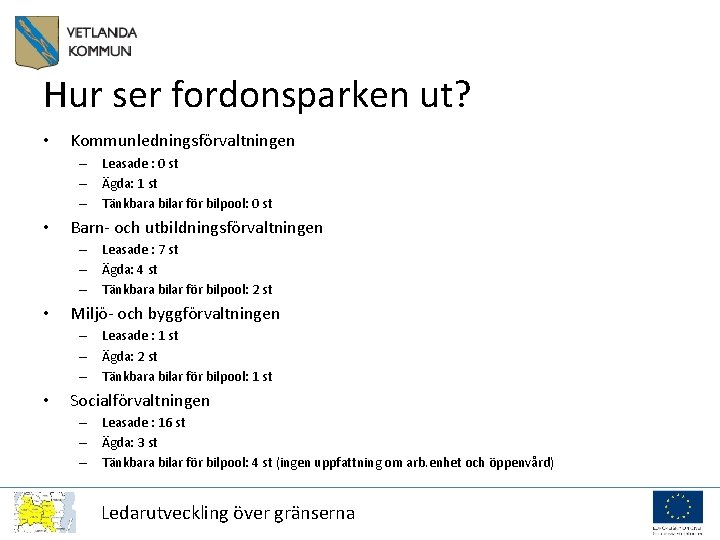 Hur ser fordonsparken ut? • Kommunledningsförvaltningen – Leasade : 0 st – Ägda: 1